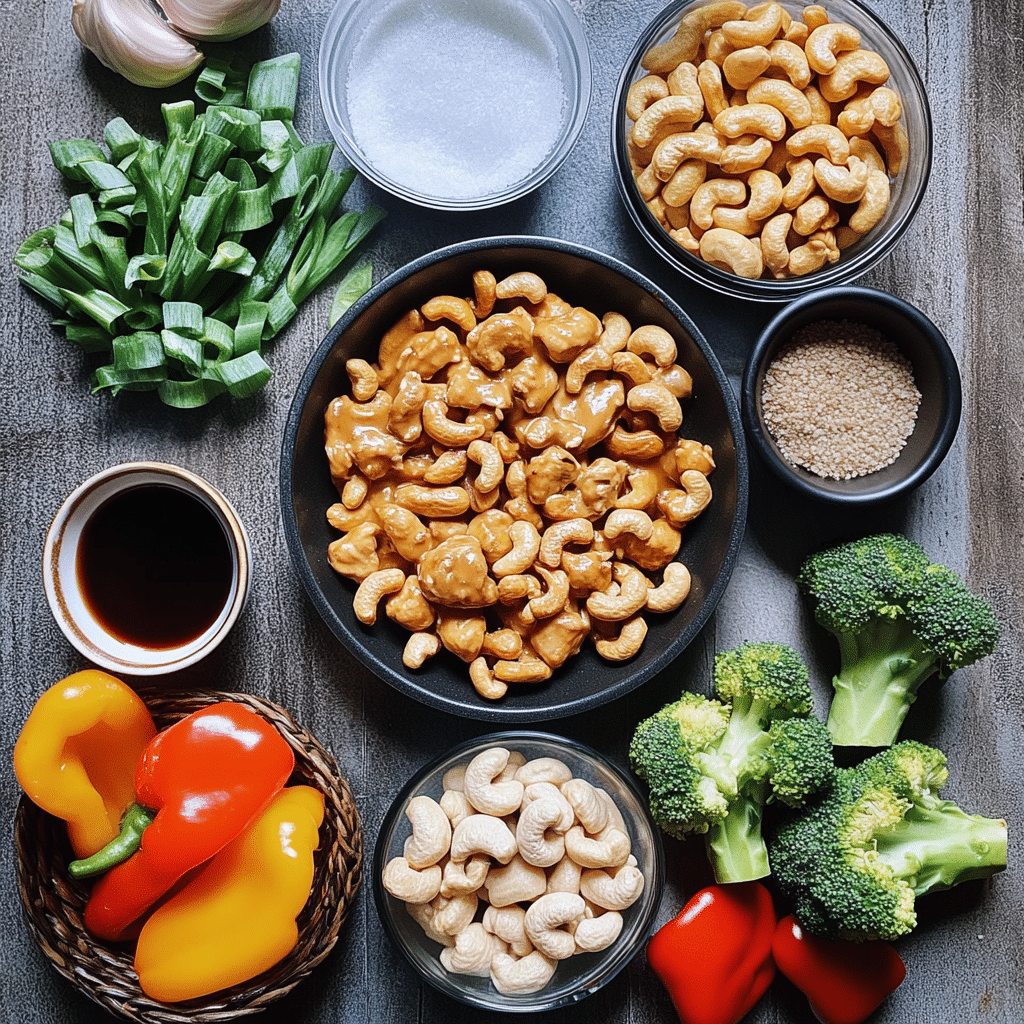 Chicken pieces, cashews, broccoli, peppers, soy sauce, broth, and cornstarch for cashew chicken