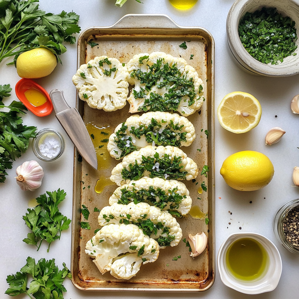 Roasted cauliflower steaks with chimichurri sauce and lemon wedge on a plate