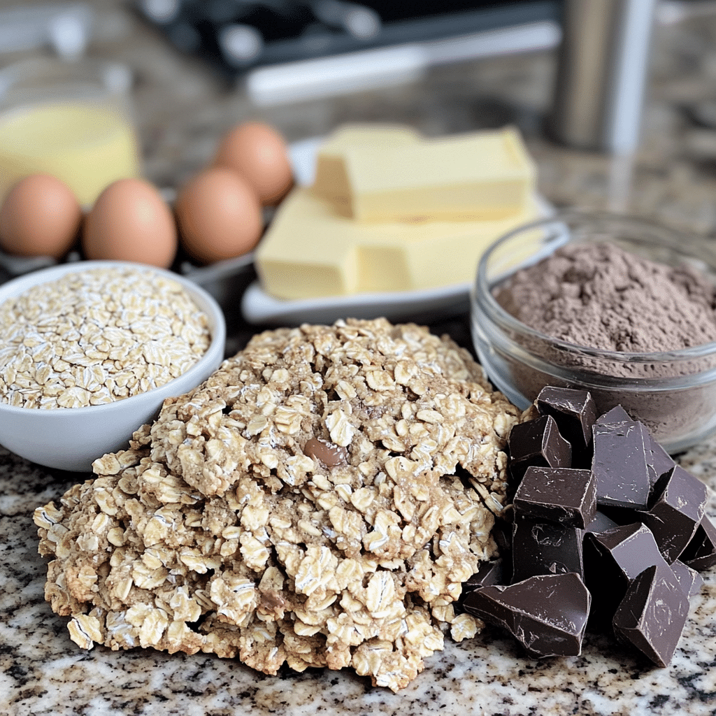 Oats, flour, butter, sugars, eggs, vanilla, and chocolate chips for oatmeal chocolate chip cookies