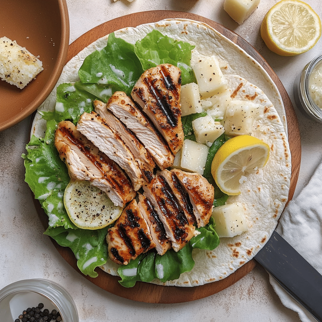 Chicken cutlets, romaine, parmesan, tortillas, and caesar dressing for wraps