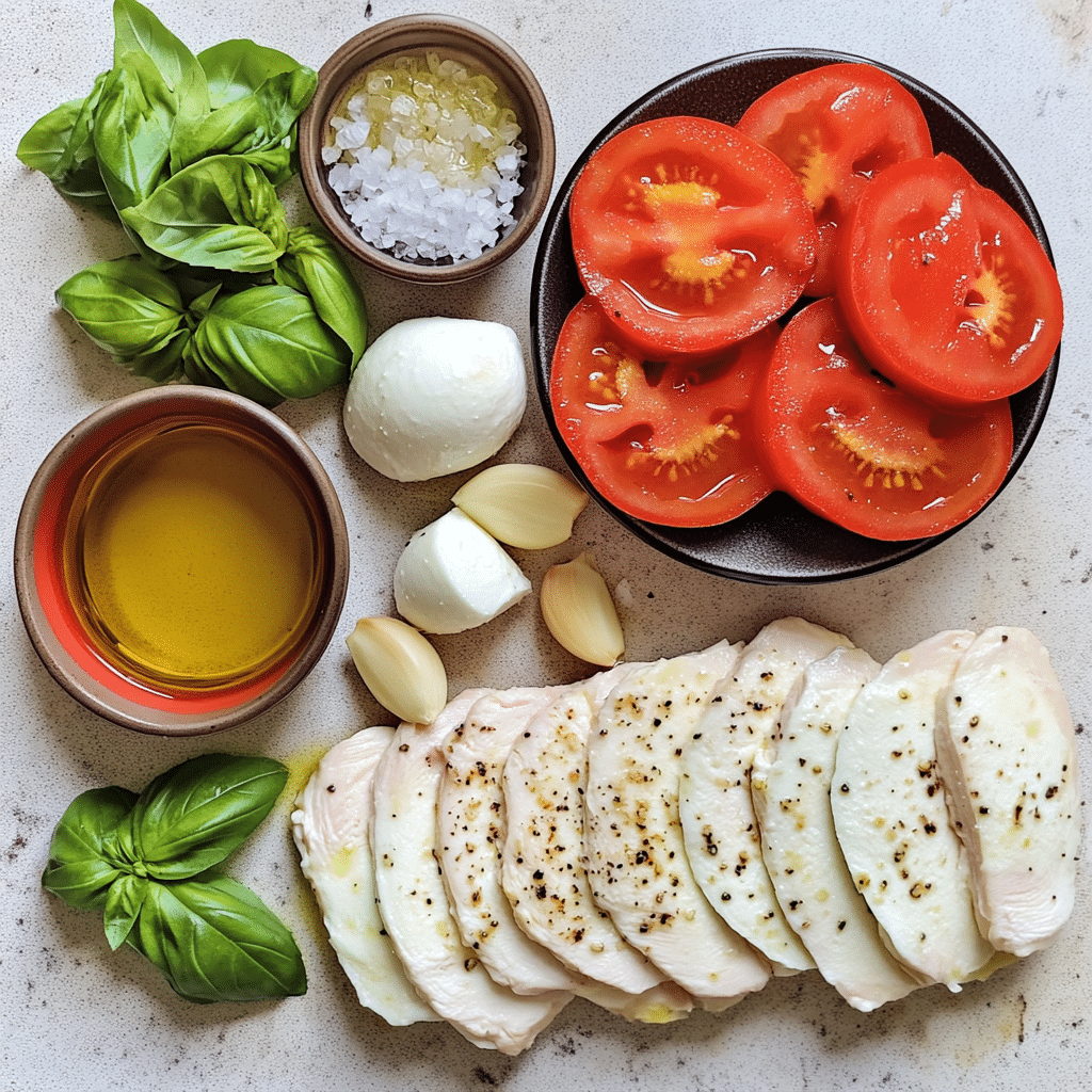 Ingredients for chicken caprese including tomatoes, mozzarella, basil, and chicken cutlets
