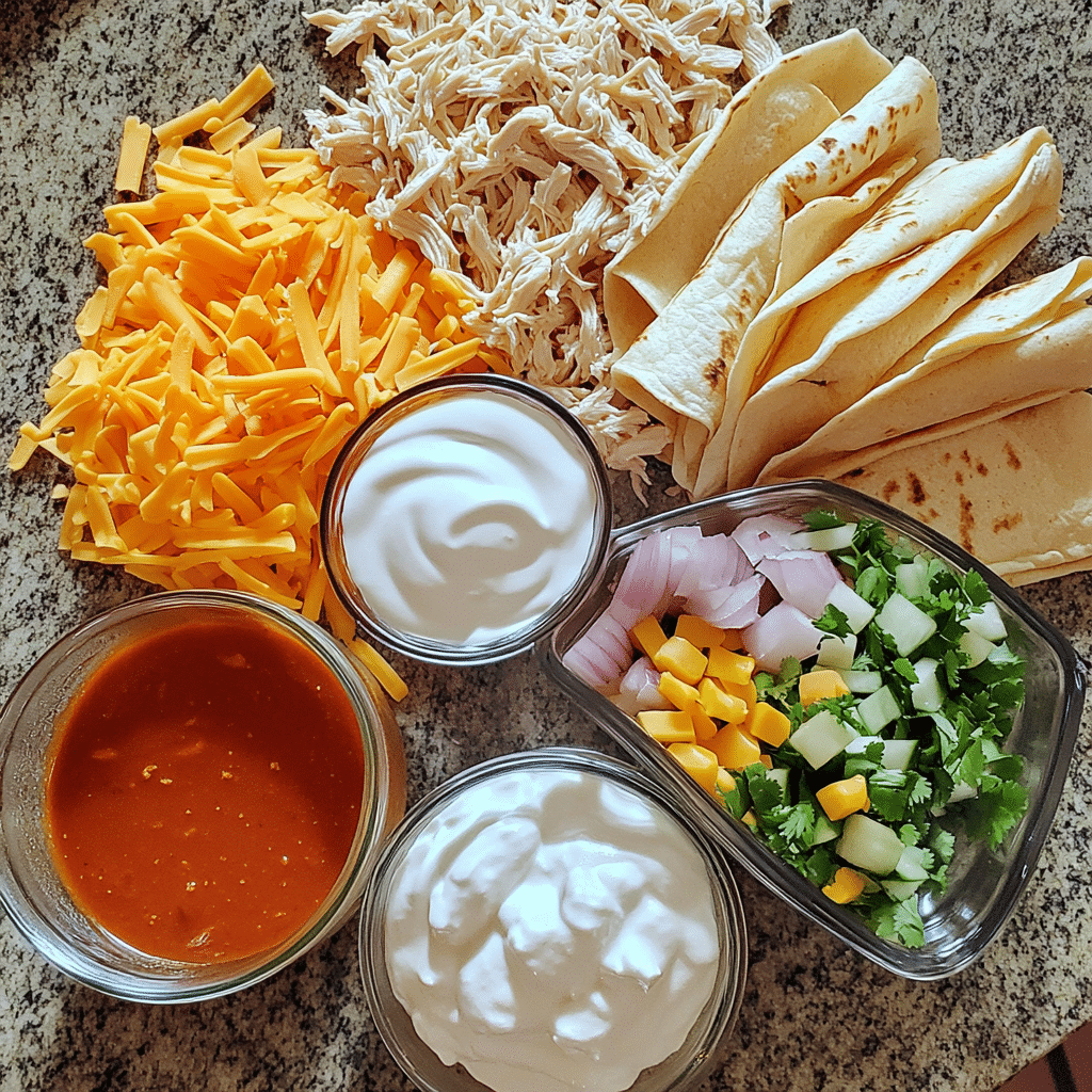 Shredded chicken pieces, tortillas, enchilada sauce, cheese, and seasonings for chicken enchiladas