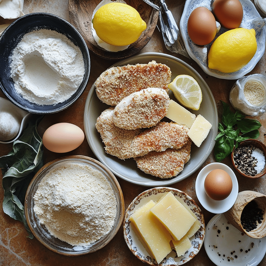 Ingredients for chicken milanese including chicken cutlets, breadcrumbs, eggs, and lemon