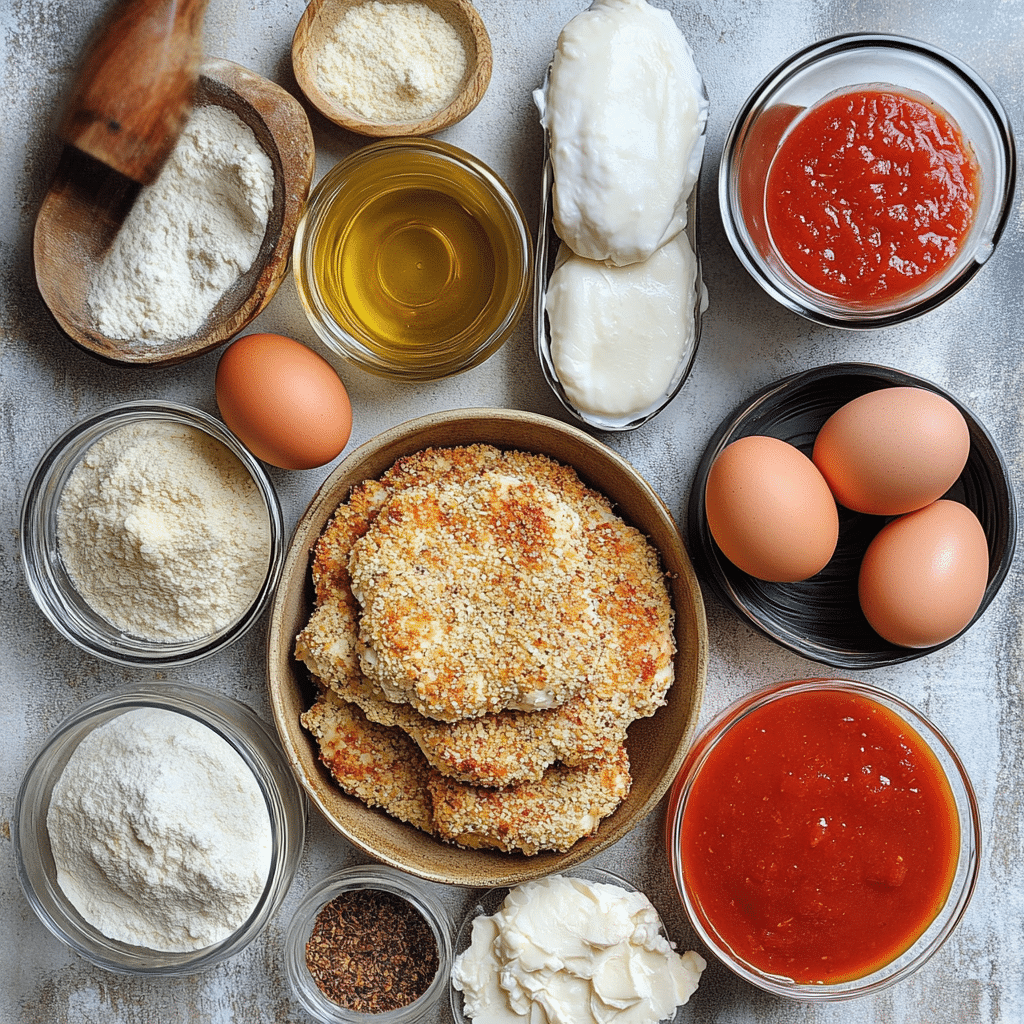 Chicken cutlets, breadcrumbs, eggs, parmesan, mozzarella, and marinara for chicken parmesan