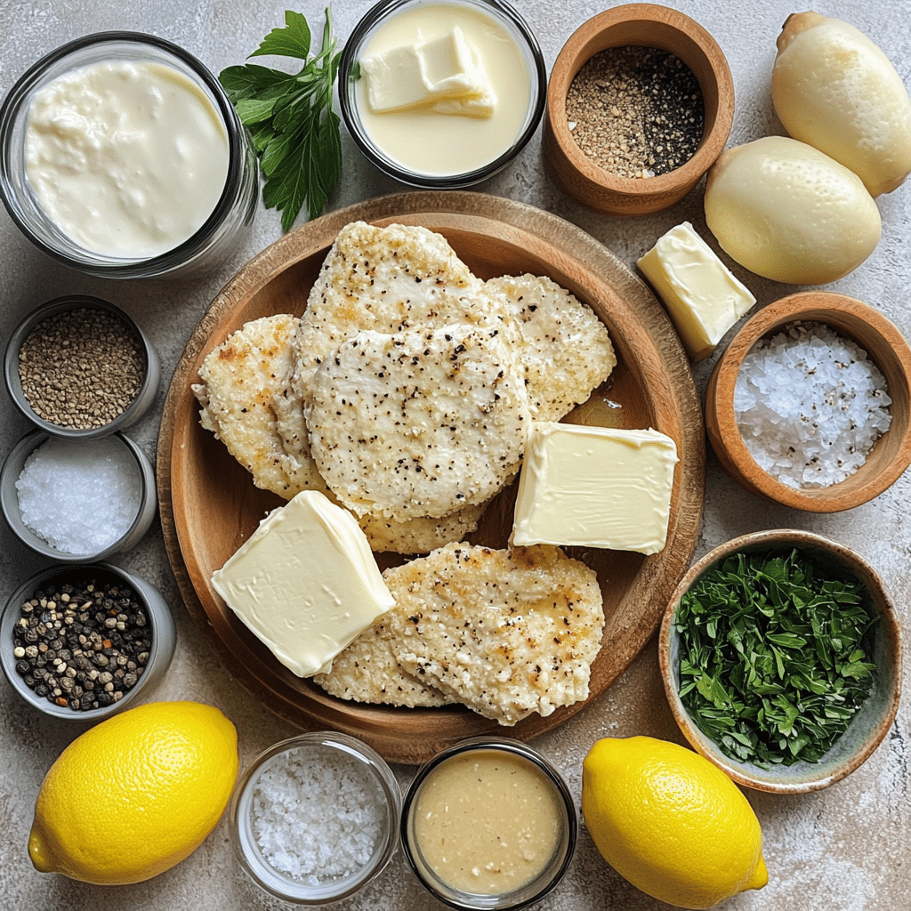 Chicken cutlets, lemon, capers, butter, broth, and flour for chicken piccata