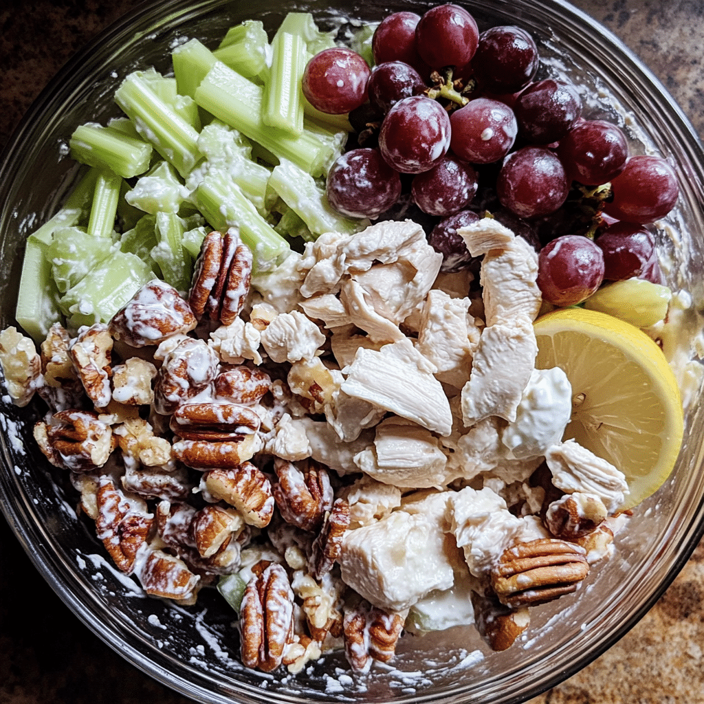 Ingredients for chicken salad with grapes including chicken, grapes, celery, and dressing