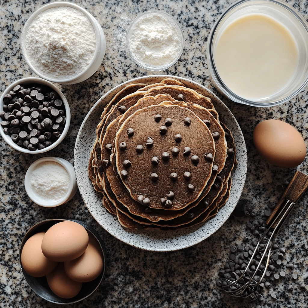 Flour, eggs, milk, and chocolate chips for pancake batter