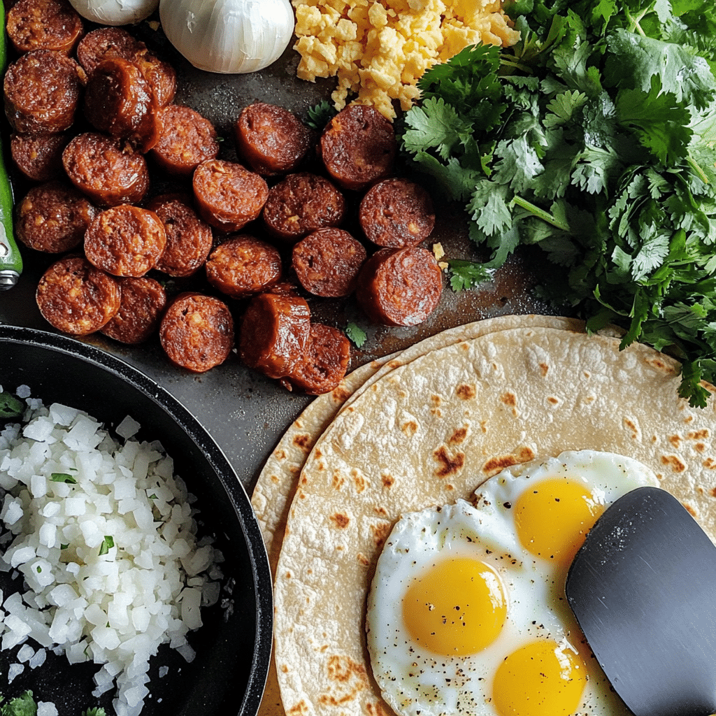 Beef chorizo, eggs, onion, and tortillas for chorizo and eggs