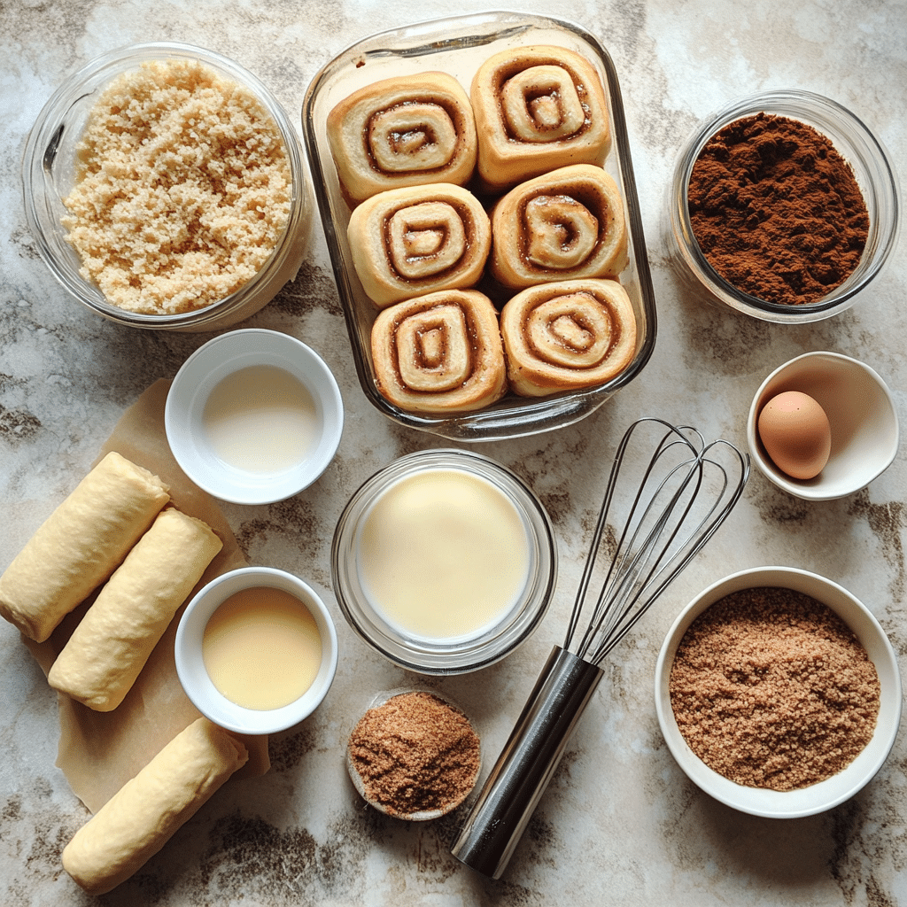 Cinnamon roll dough, eggs, milk, and baking dish for casserole