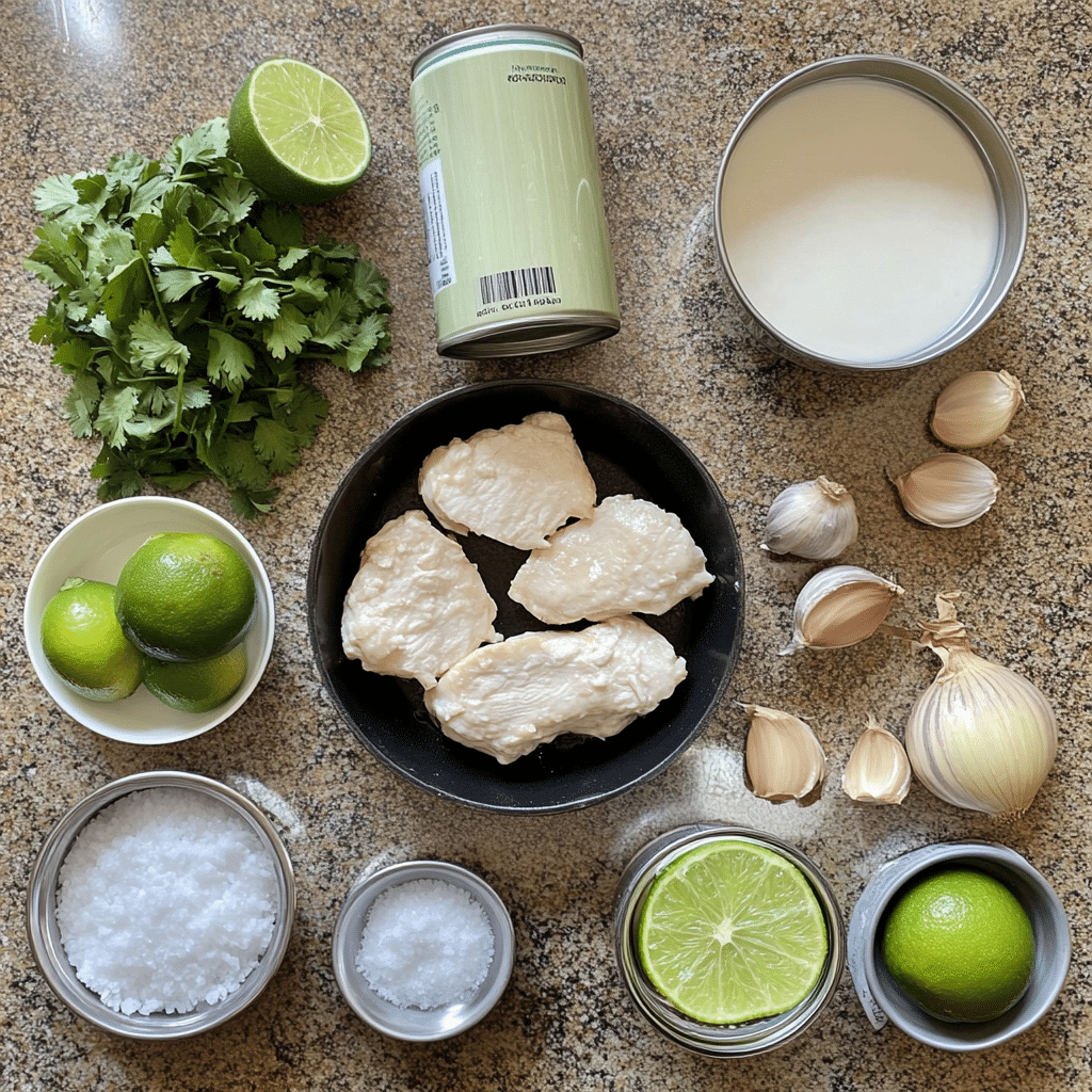 Ingredients for coconut lime chicken including coconut milk, limes, and chicken cutlets
