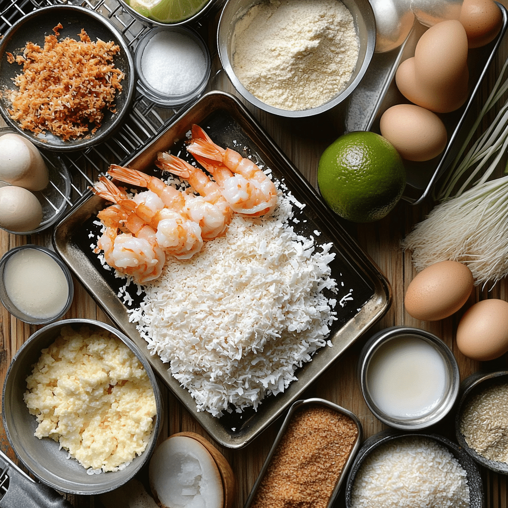 Ingredients for coconut shrimp including shrimp, coconut, breadcrumbs, and eggs