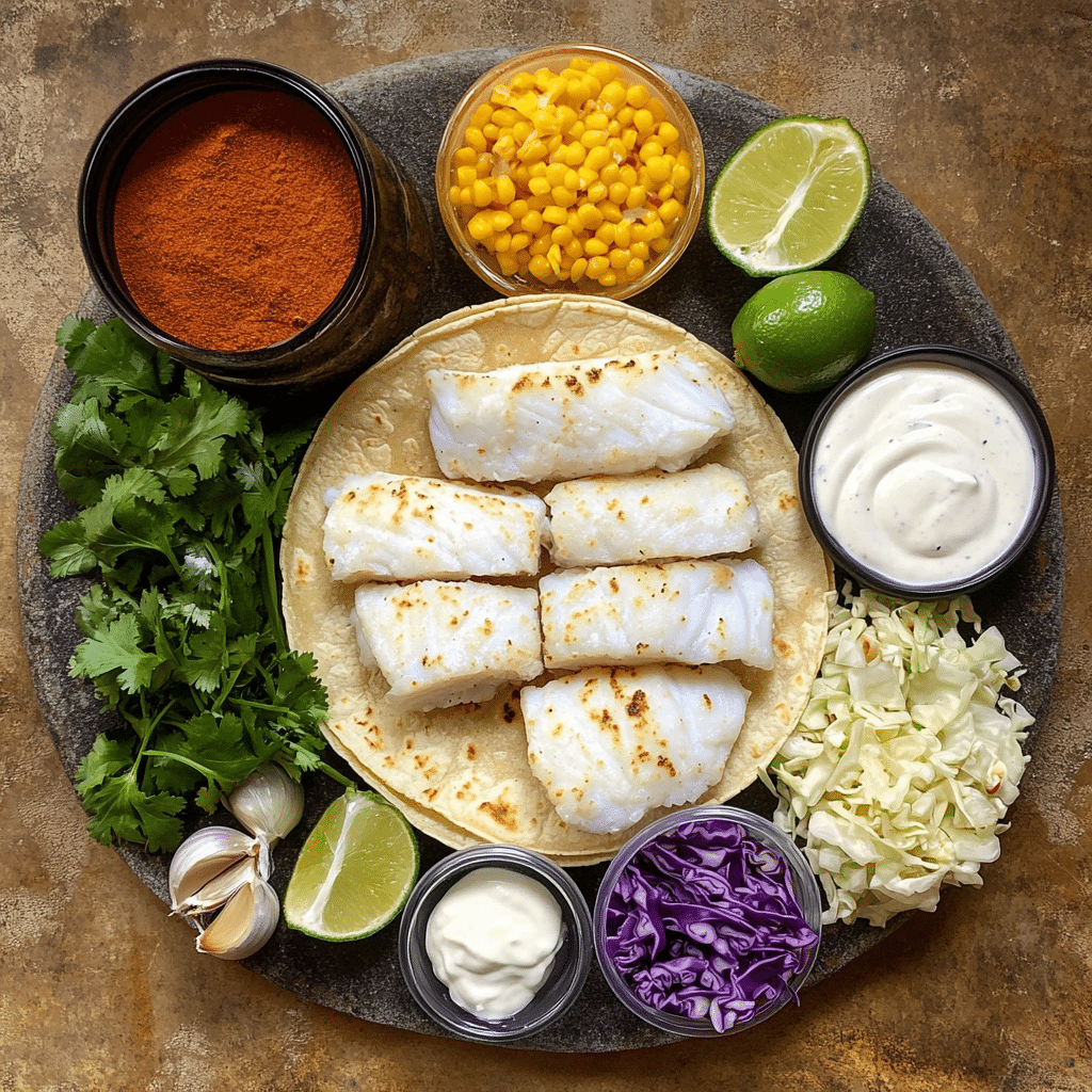 Ingredients for cod fish tacos including cod, tortillas, cabbage, and lime