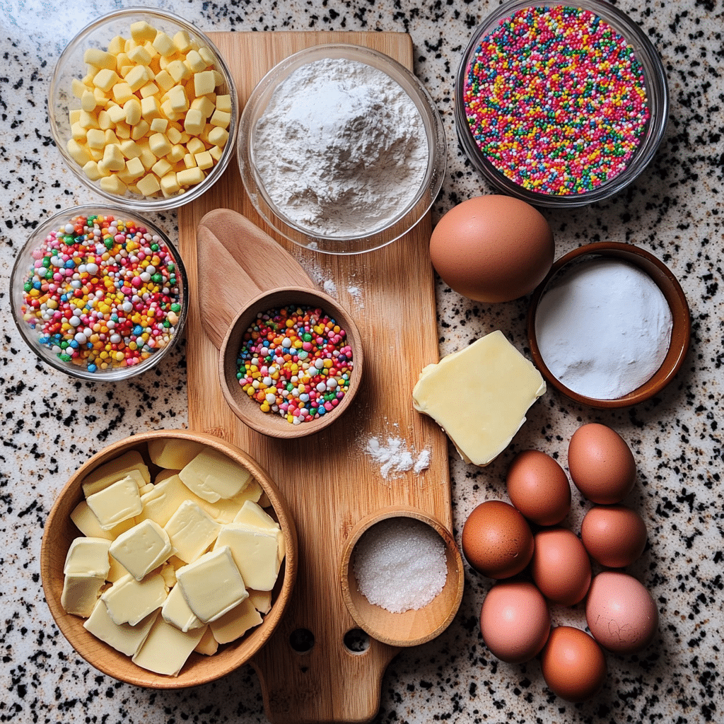 Butter, sugars, flour, eggs, vanilla, and sprinkles for confetti cookies