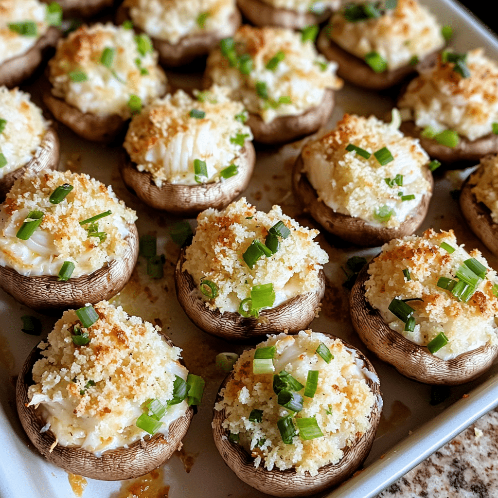 Ingredients for crab stuffed mushrooms including mushrooms, crab meat, cream cheese, and breadcrumbs