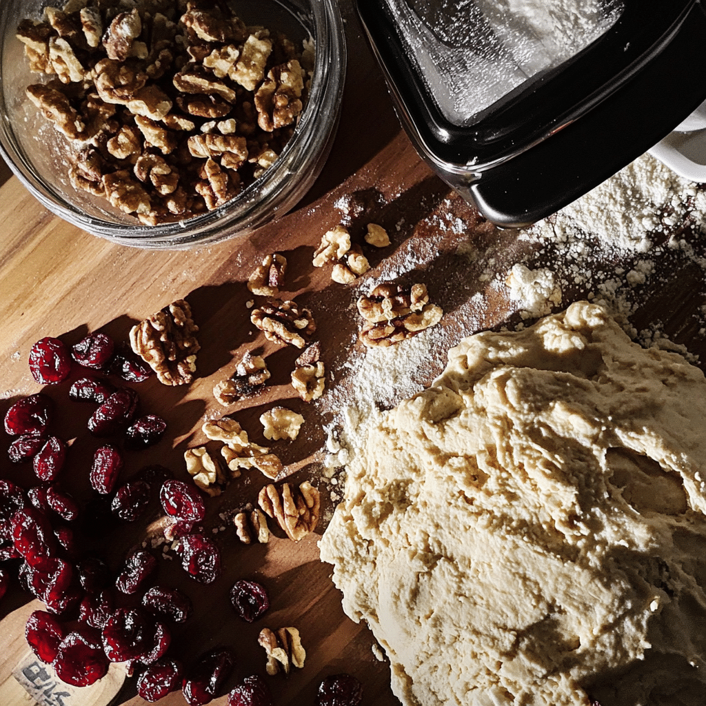 Cranberry walnut sourdough loaf sliced open showing cranberries and walnuts in the crumb