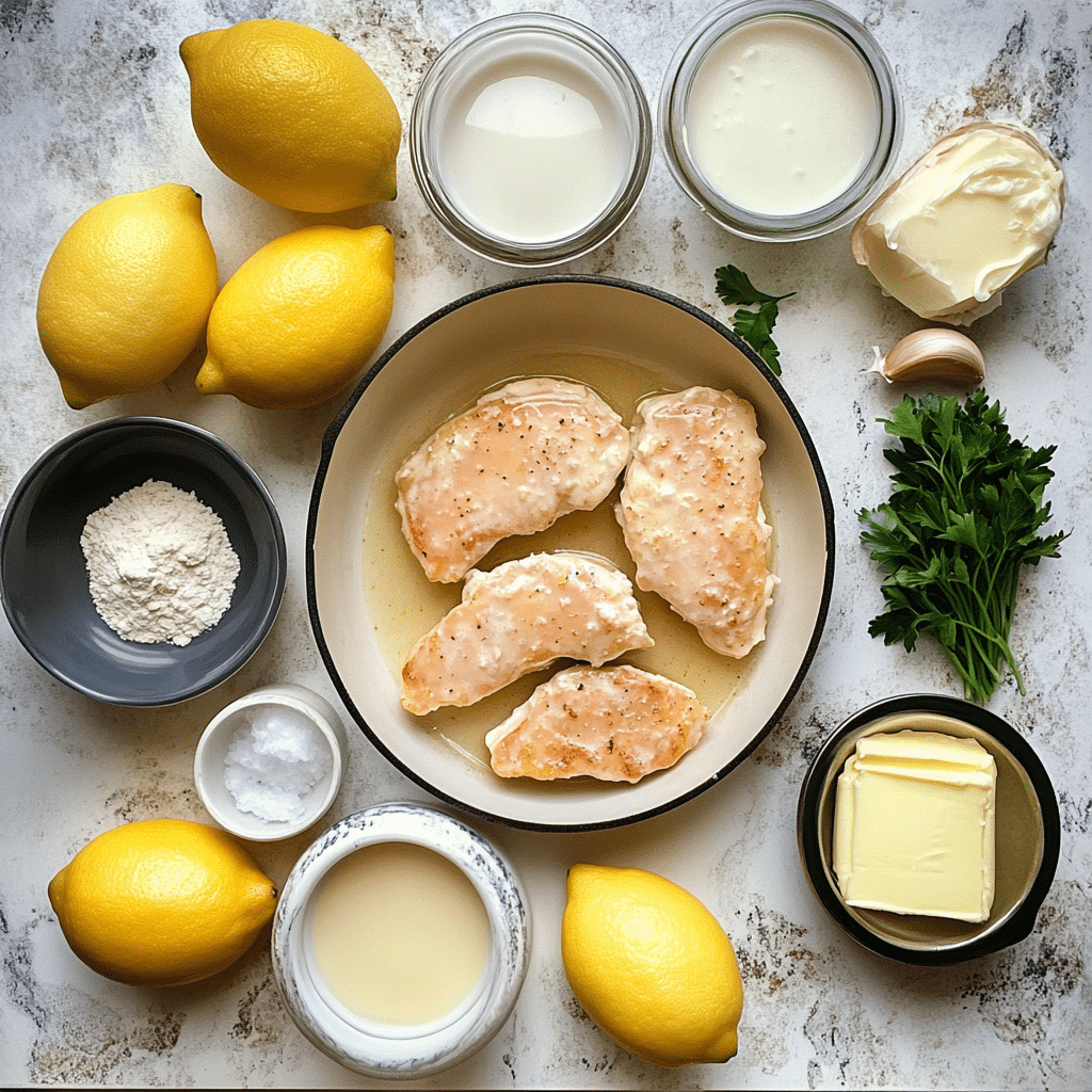 Ingredients for creamy lemon chicken including lemons, cream, broth, and chicken cutlets