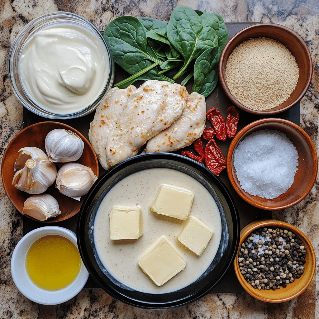 Chicken cutlets, garlic, cream, broth, parmesan, spinach, and sun-dried tomatoes for tuscan chicken