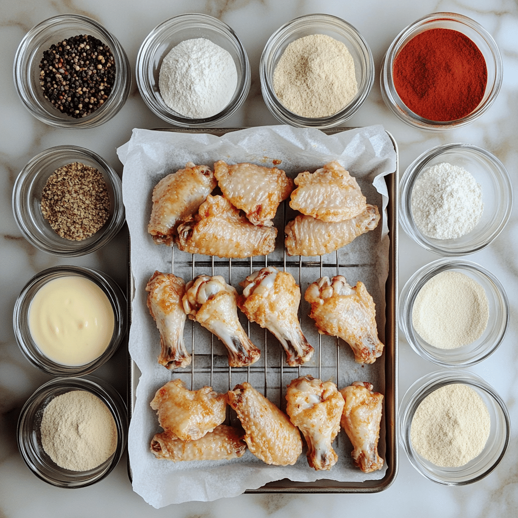 Chicken wings, baking powder, salt, pepper, and spices with a sheet pan and rack