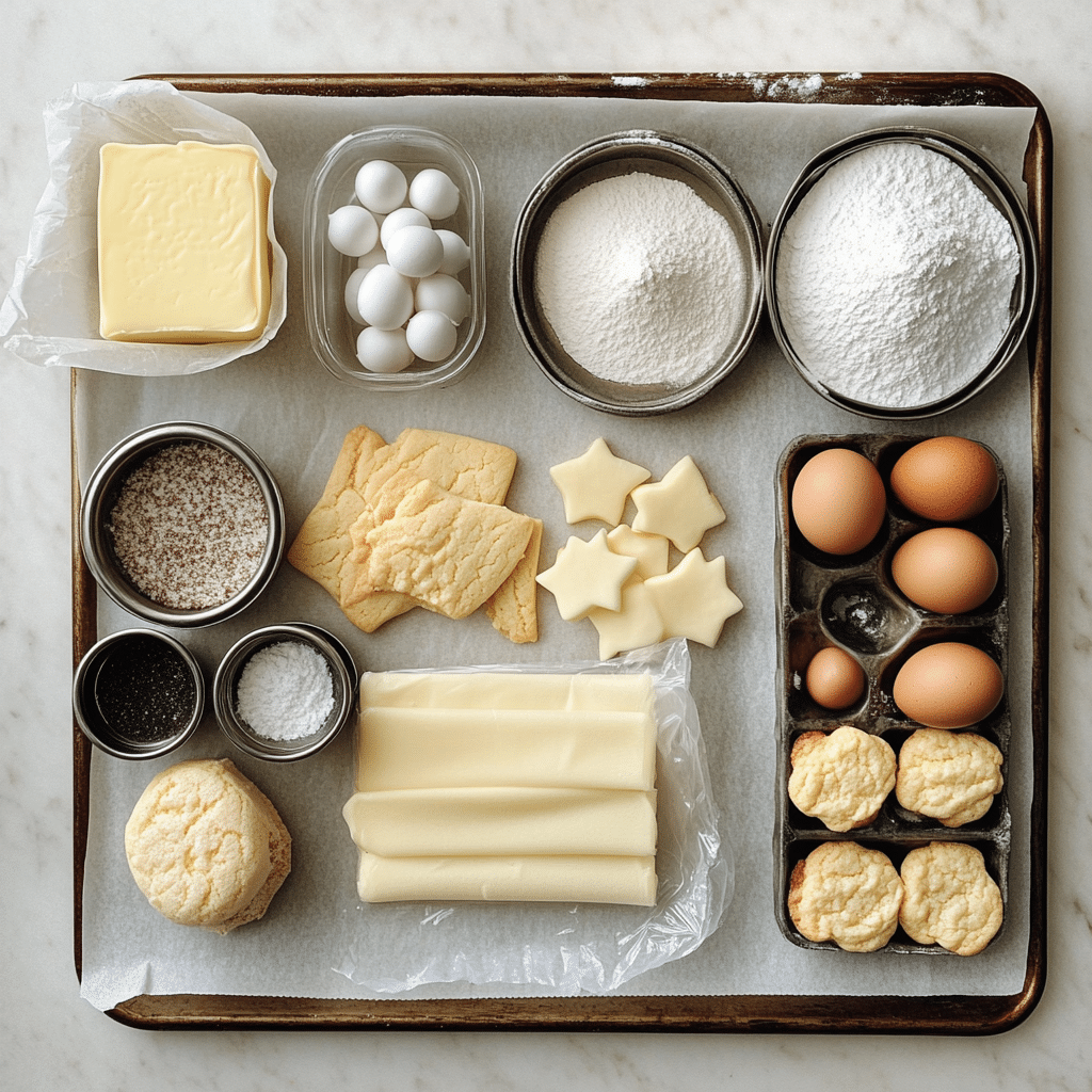 Butter, powdered sugar, flour, egg, and piping bag for Danish butter cookies