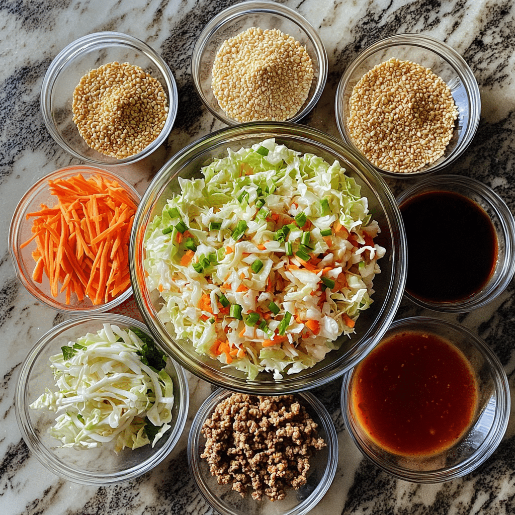 Ground turkey, cabbage mix, carrots, soy sauce, sesame oil, garlic, ginger, and green onions for egg roll in a bowl