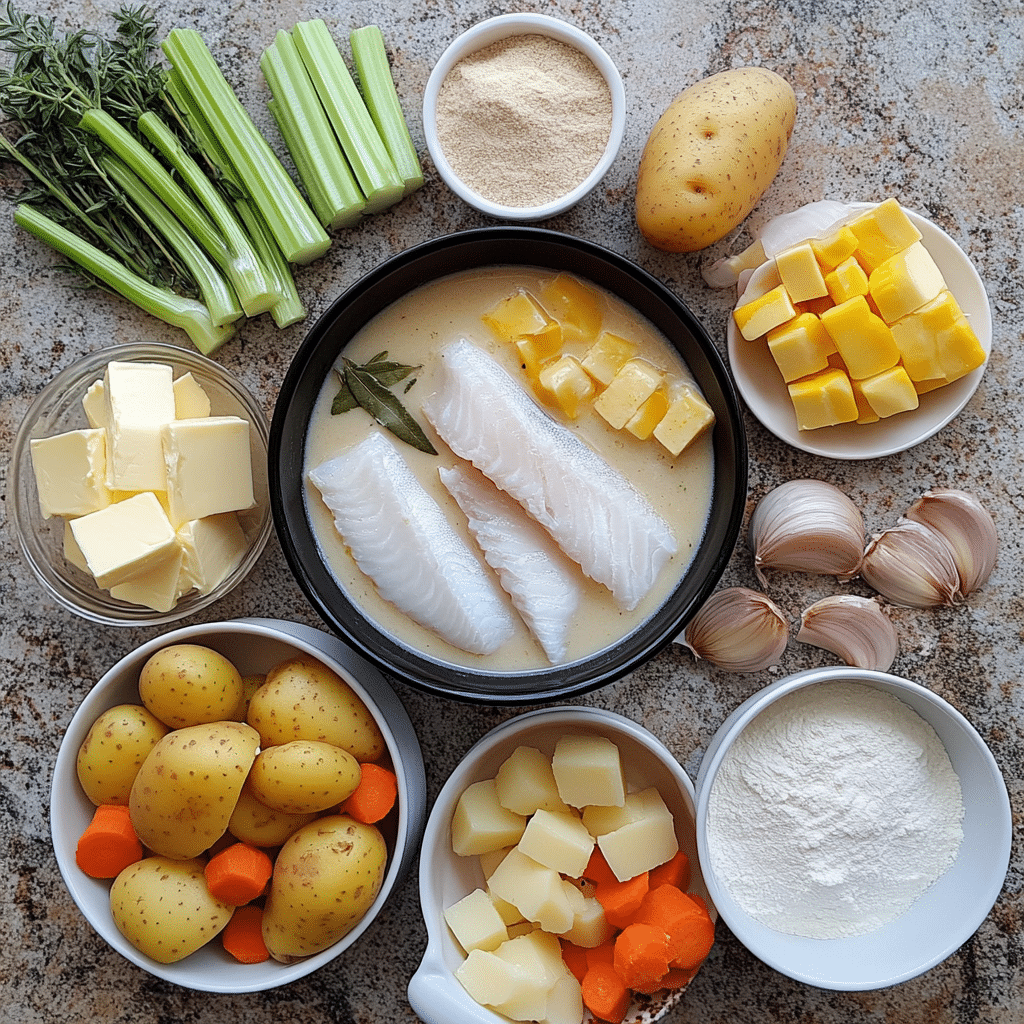 Ingredients for fish chowder including fish, potatoes, vegetables, milk, and broth