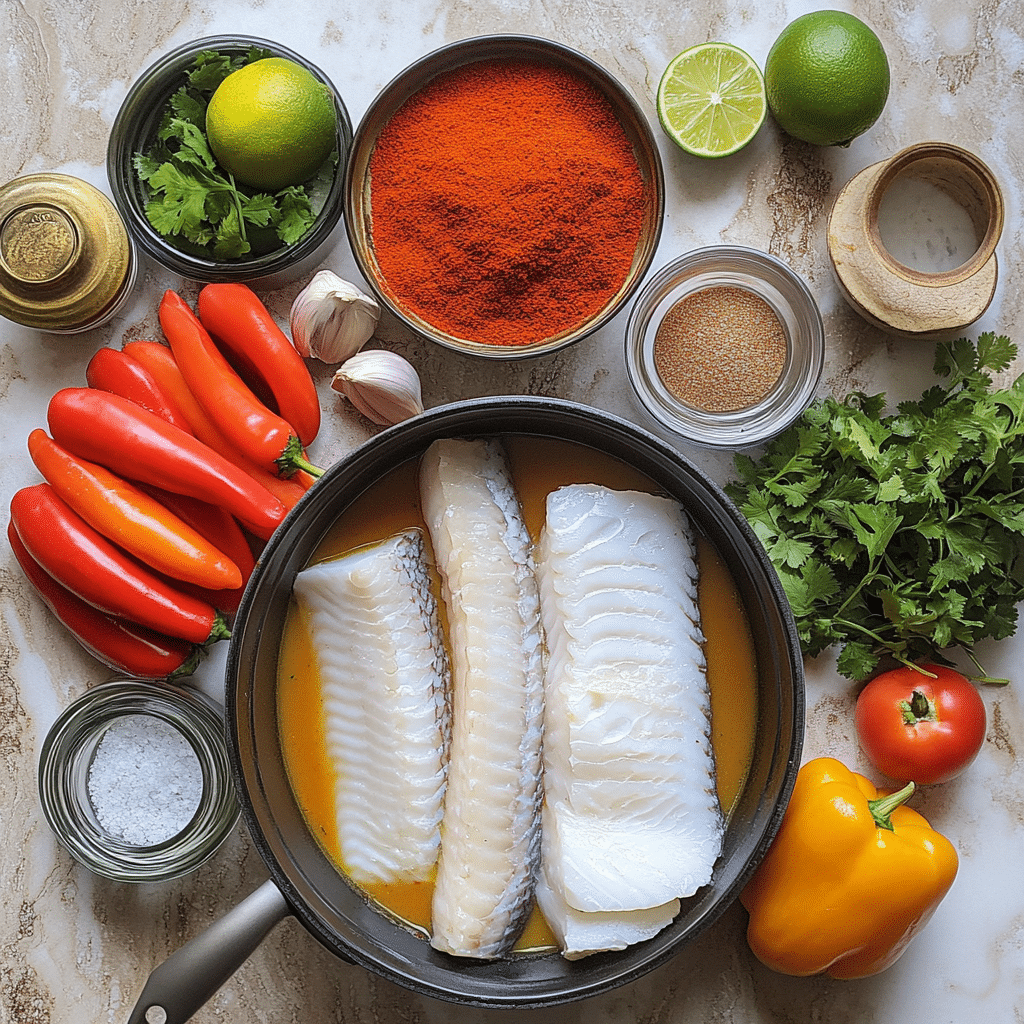 Ingredients for Brazilian fish stew including fish, coconut milk, tomatoes, and peppers