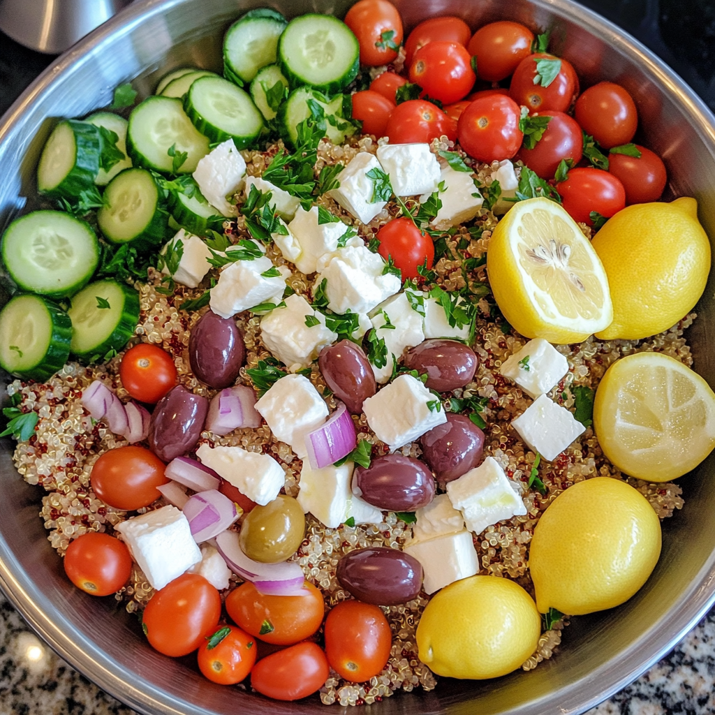 Ingredients for Greek quinoa salad including quinoa, cucumber, tomatoes, olives, feta, and lemon