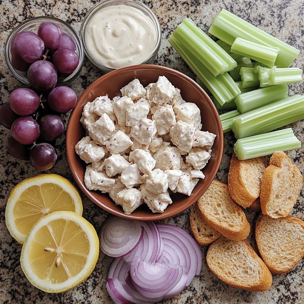 Cooked chicken pieces, greek yogurt, celery, grapes, mustard, and bread for chicken salad
