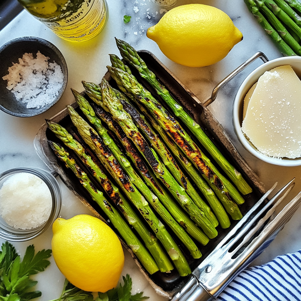 Ingredients for grilled asparagus including asparagus, olive oil, lemon, and seasonings