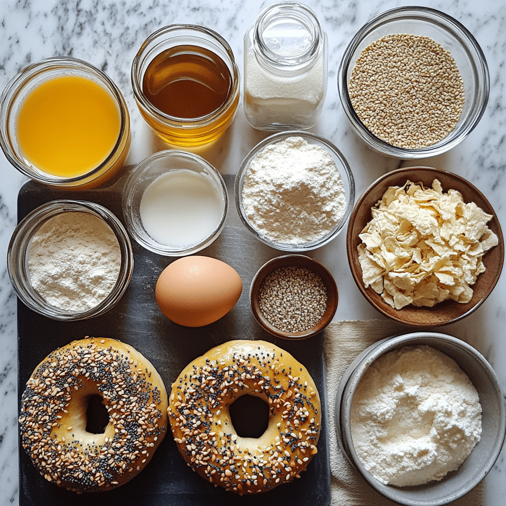 Flour, yeast, water, sugar, salt, honey, and toppings for homemade bagels