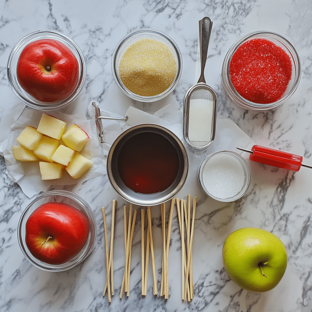 Apples, sugar, corn syrup, thermometer, and saucepan for candy apples