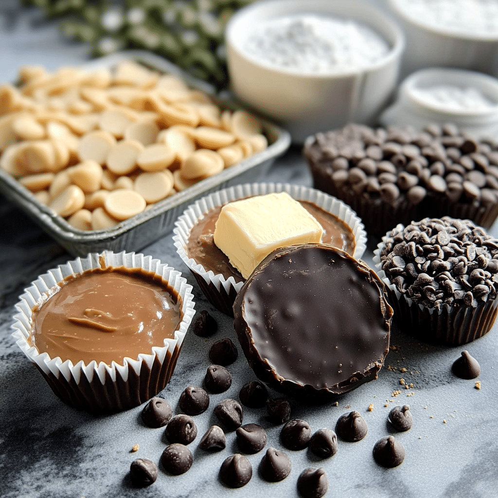 Chocolate chips, peanut butter, powdered sugar, butter, vanilla, and muffin liners for peanut butter cups