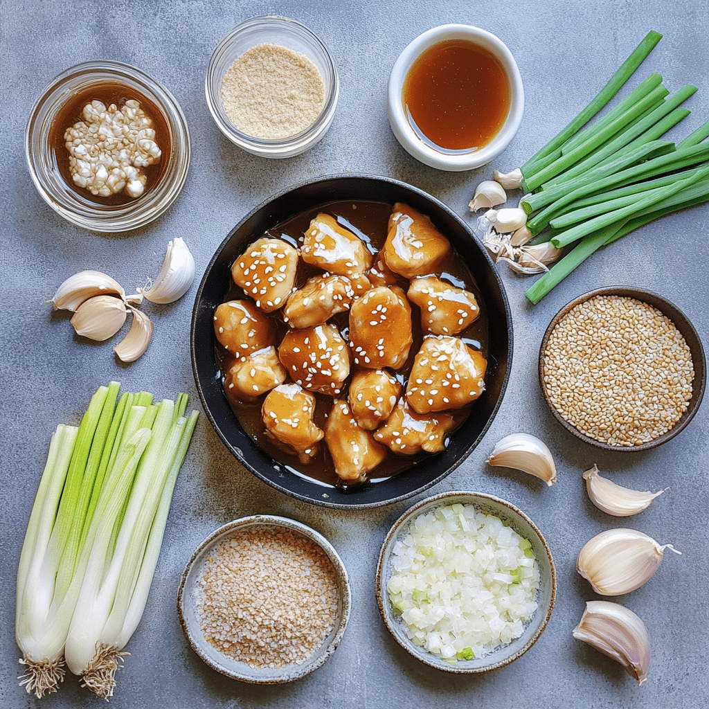 Chicken pieces, honey, garlic, soy sauce, broth, and cornstarch for honey garlic chicken
