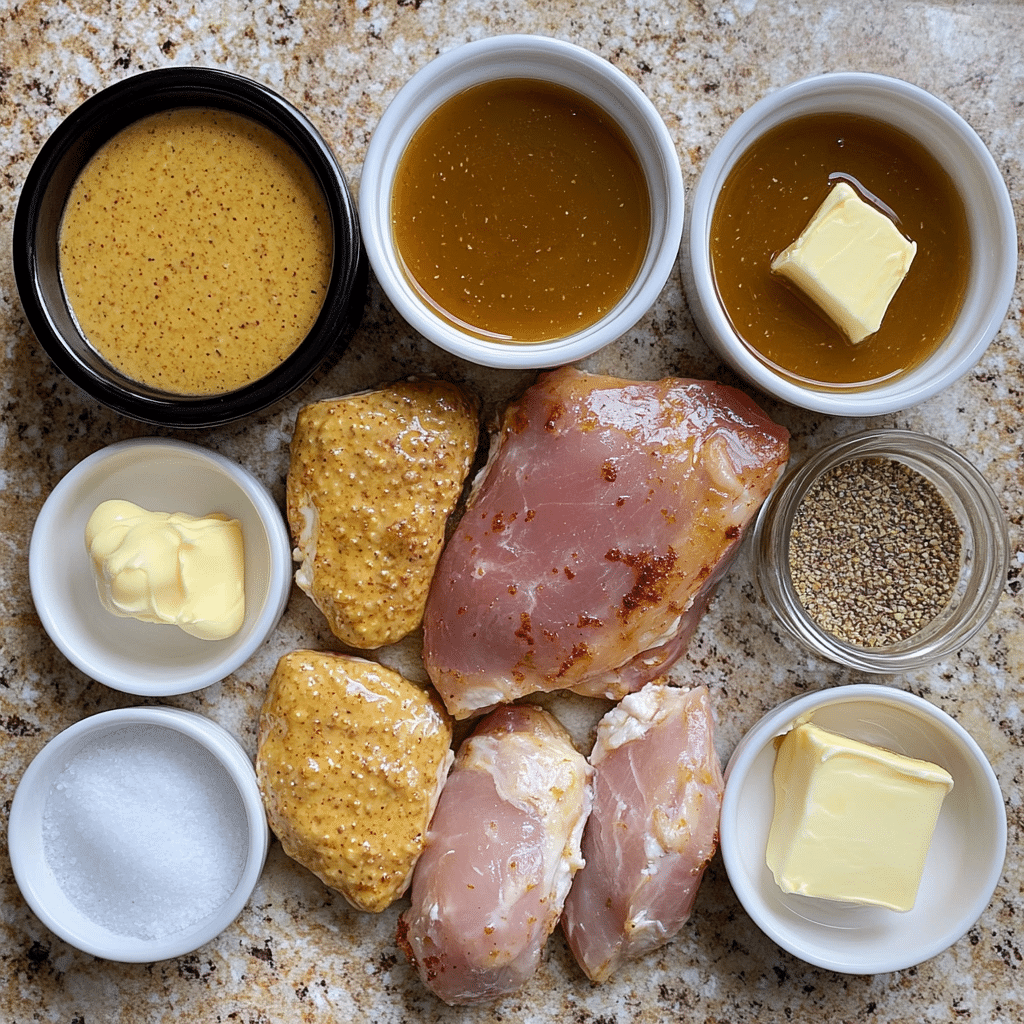 Ingredients for honey mustard chicken including mustard, honey, and chicken cutlets