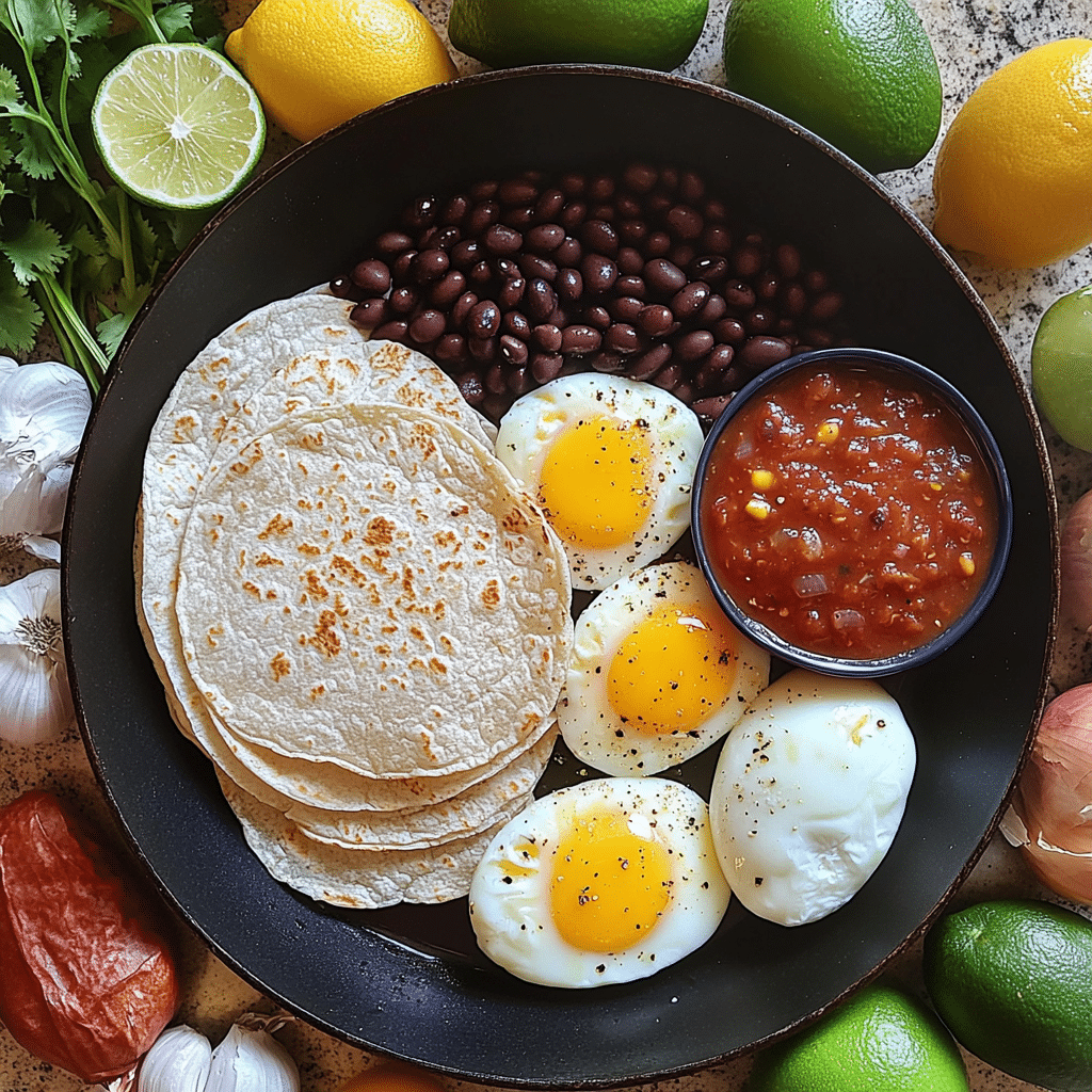 Corn tortillas, eggs, beans, salsa, and avocado for huevos rancheros