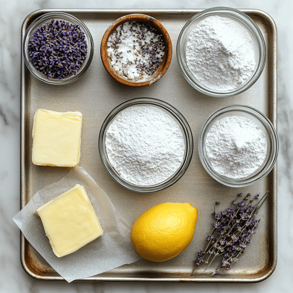 Butter, flour, powdered sugar, and culinary lavender for lavender shortbread cookies
