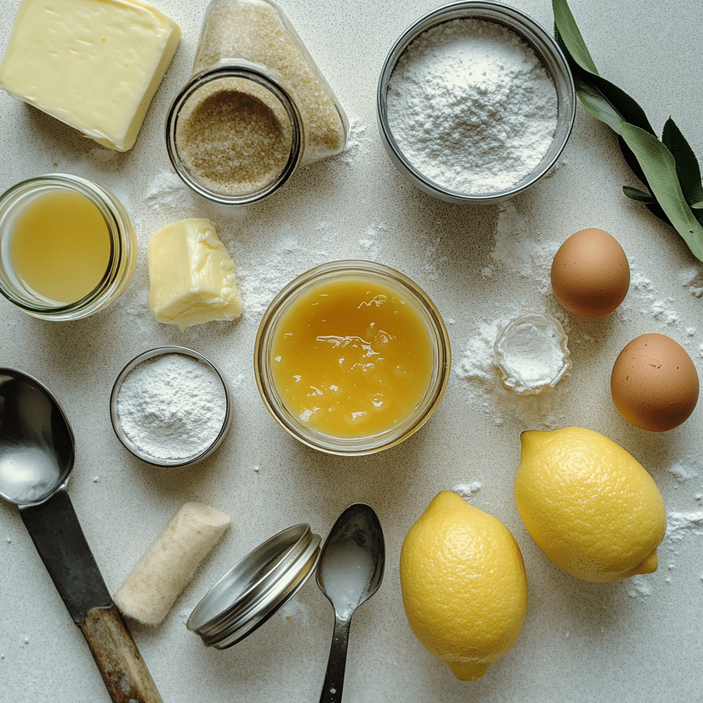 Butter, flour, sugar, eggs, and lemon curd for lemon curd cookies