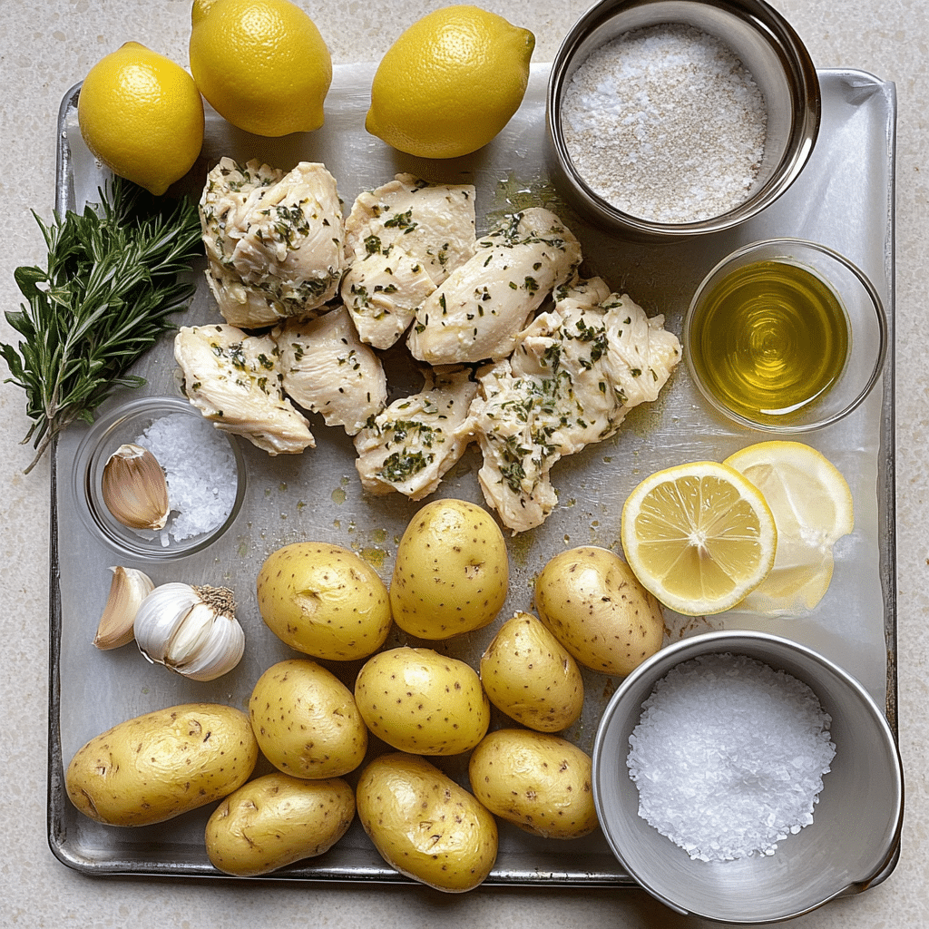 Ingredients for lemon herb chicken and potatoes including lemons, potatoes, and herbs
