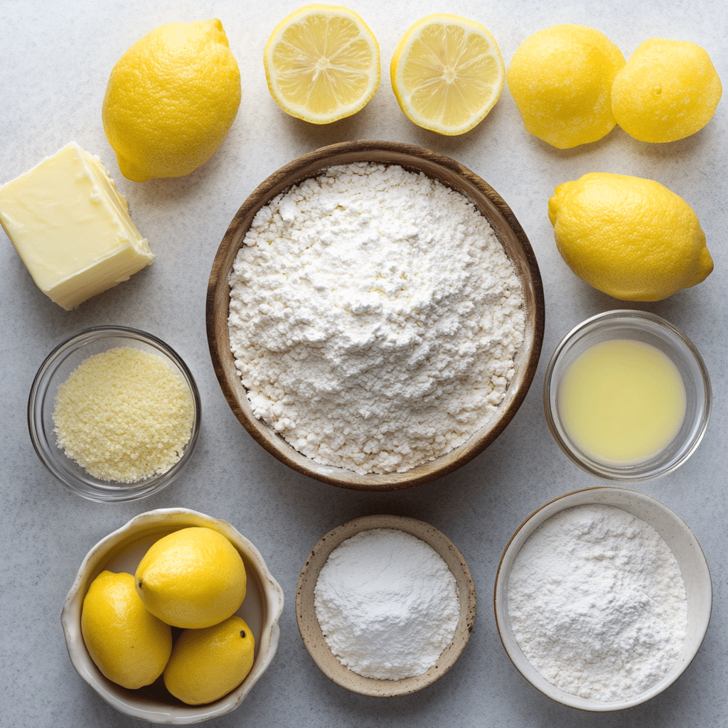 Flour, butter, sugar, eggs, lemon zest, lemon juice, and rolling sugar for lemon sugar cookies