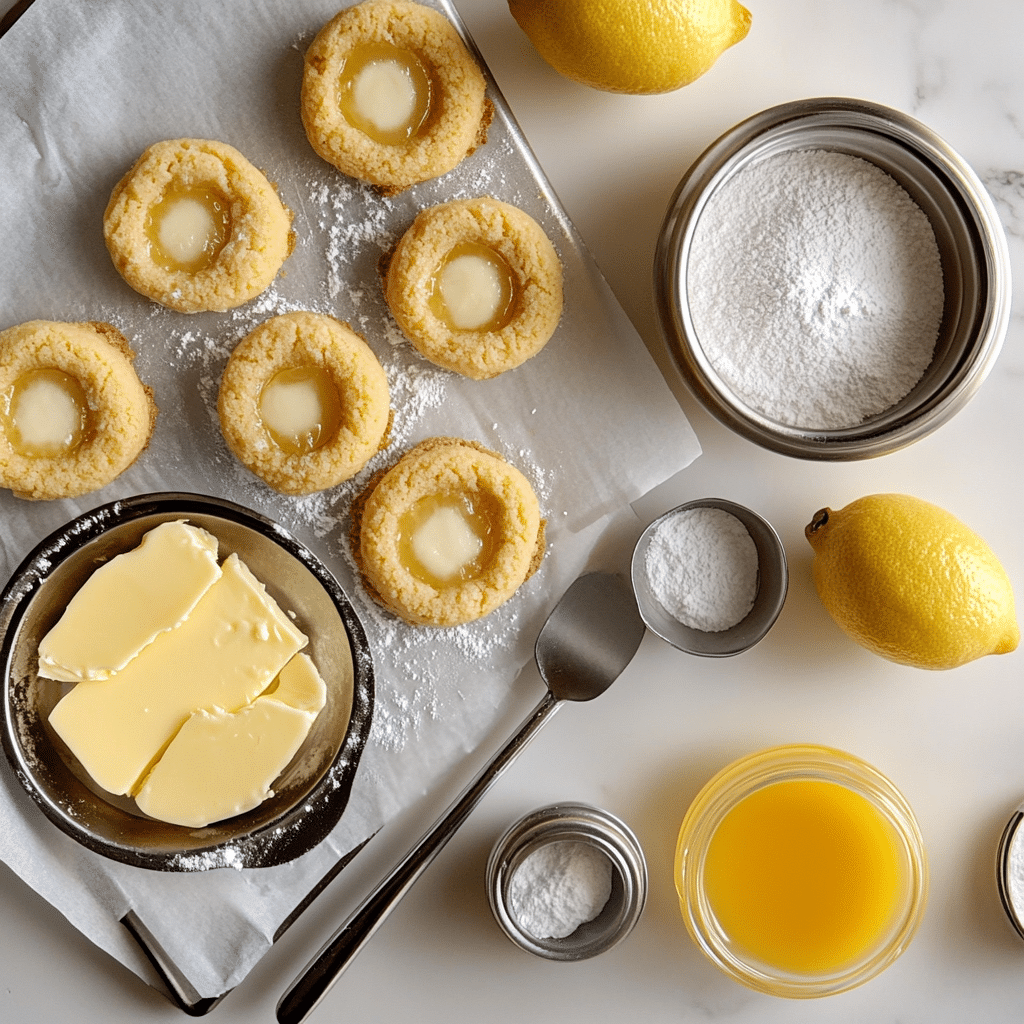Butter, flour, sugar, and lemon curd for lemon thumbprint cookies