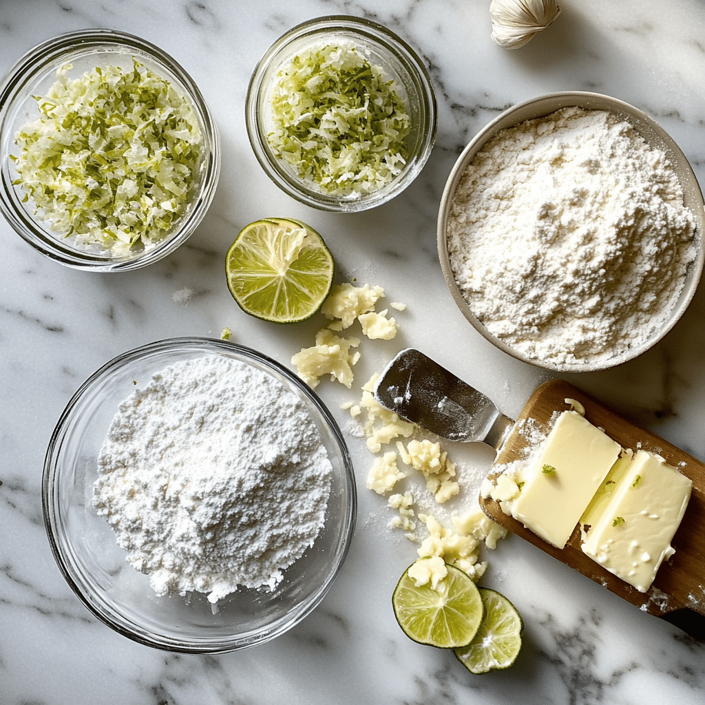 Butter, powdered sugar, flour, cornstarch, and lime for lime meltaway cookies