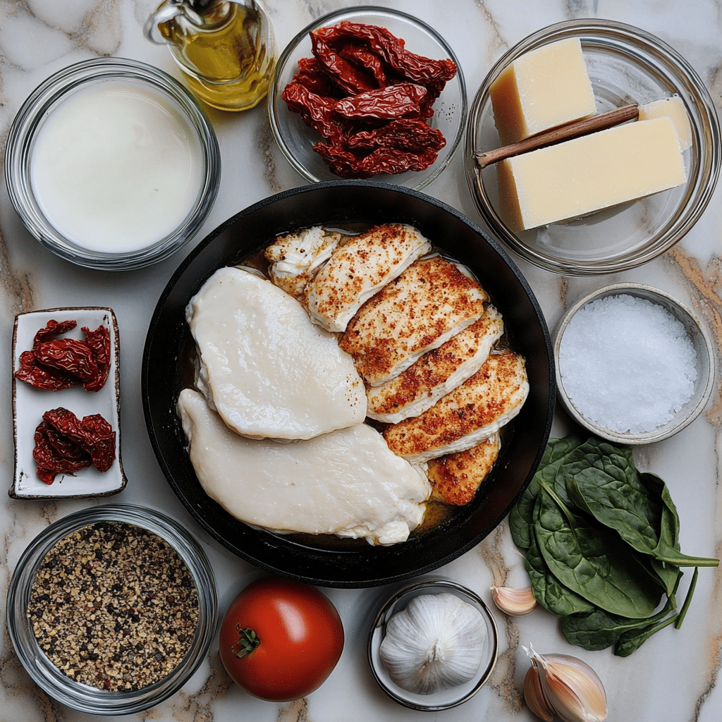 Chicken cutlets, cream, broth, garlic, sun-dried tomatoes, parmesan, and spinach for marry me chicken