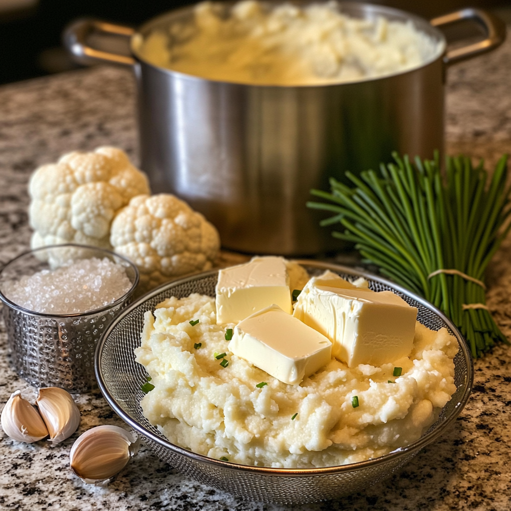 Ingredients for mashed cauliflower including cauliflower florets, butter, garlic, and chives
