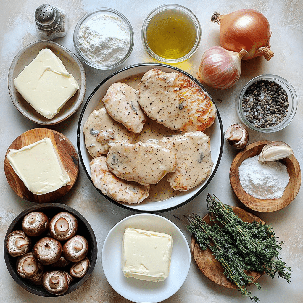 Chicken cutlets, mushrooms, broth, cream, butter, and herbs for no wine chicken marsala