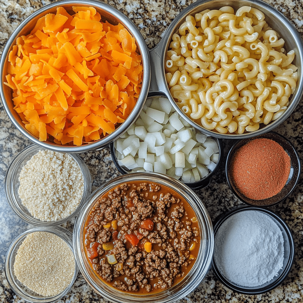 Ground beef, macaroni, tomatoes, broth, spices, and cheddar for chili mac