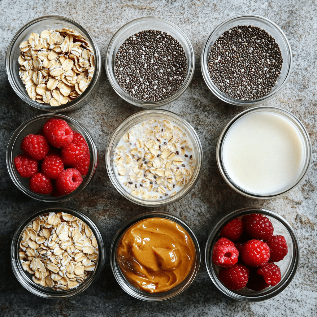 Rolled oats, milk, yogurt, chia seeds, sweetener, and fruit for overnight oats