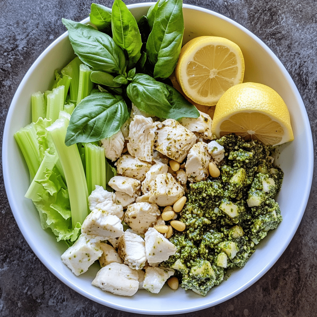 Ingredients for pesto chicken including pesto, chicken, celery, and lemon