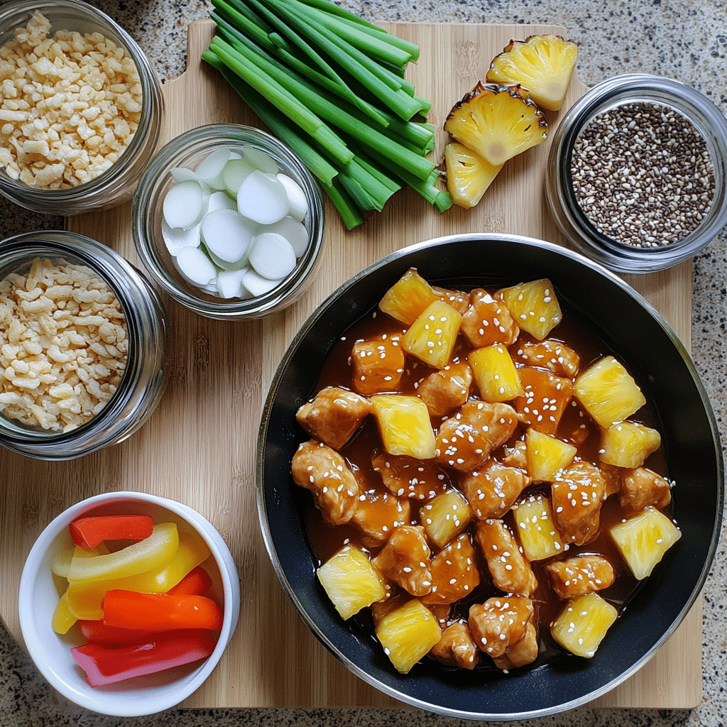 Chicken pieces, pineapple chunks, peppers, soy sauce, vinegar, brown sugar, and cornstarch for pineapple chicken