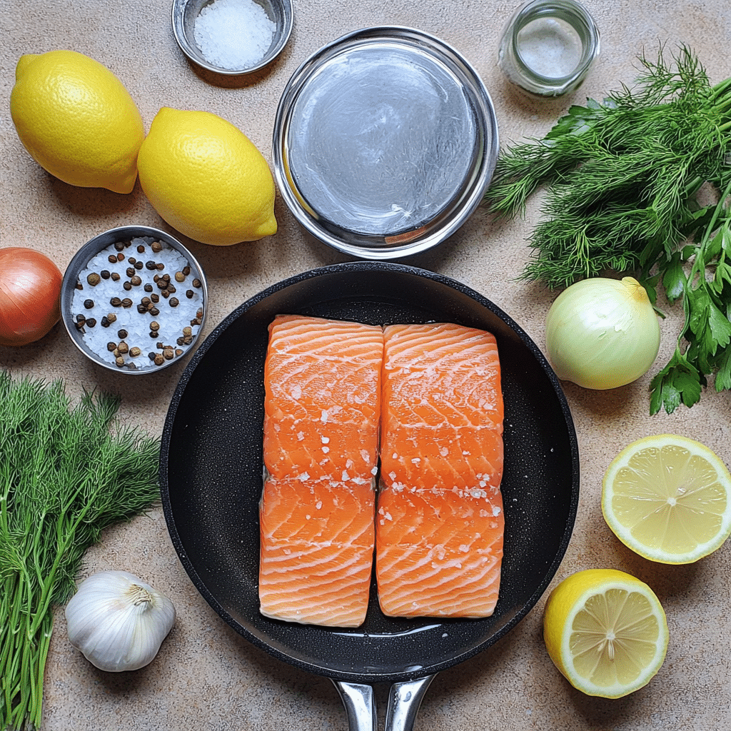 Ingredients for poached salmon including salmon fillets, lemon, herbs, and broth