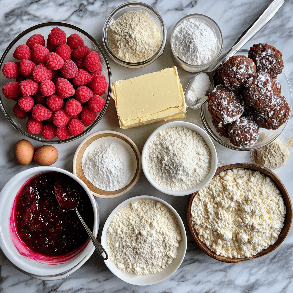 Cream cheese, butter, sugar, flour, and raspberry jam for raspberry cheesecake cookies